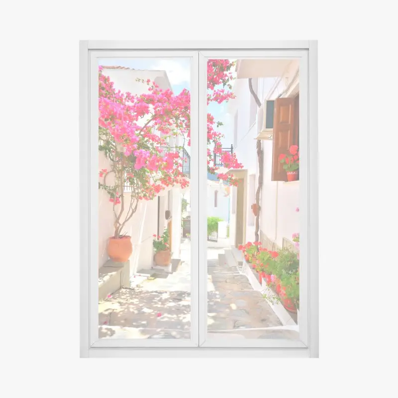 Fensteraufkleber sonnige mediterrane gasse mit bougainvillea