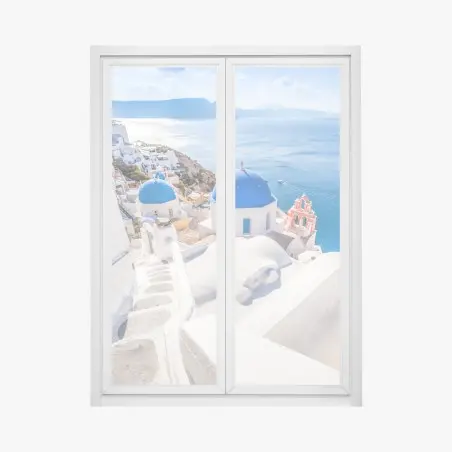 Fensteraufkleber sonniges Santorini blaue kuppeln und meerblick – Pixers®
