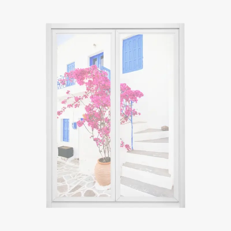 Fensteraufkleber rosa bougainvillea vor weißem haus auf griechischer insel