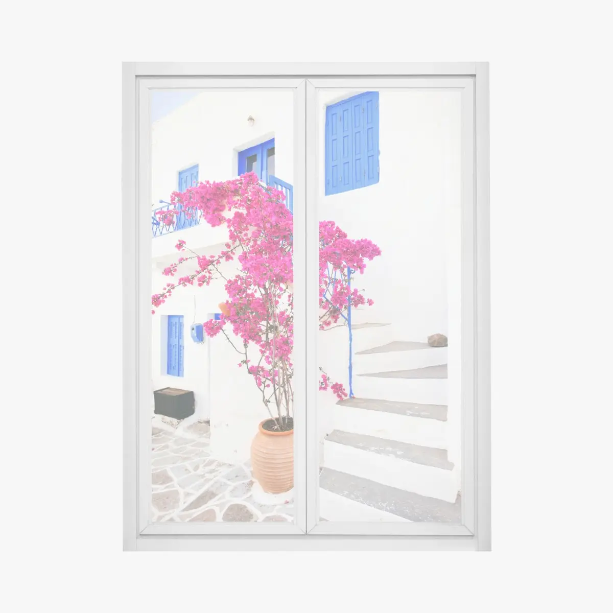 Fensteraufkleber rosa bougainvillea vor weißem haus auf griechischer insel – Pixers®