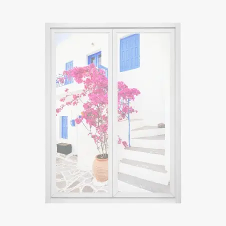 Fensteraufkleber rosa bougainvillea vor weißem haus auf griechischer insel – Pixers®