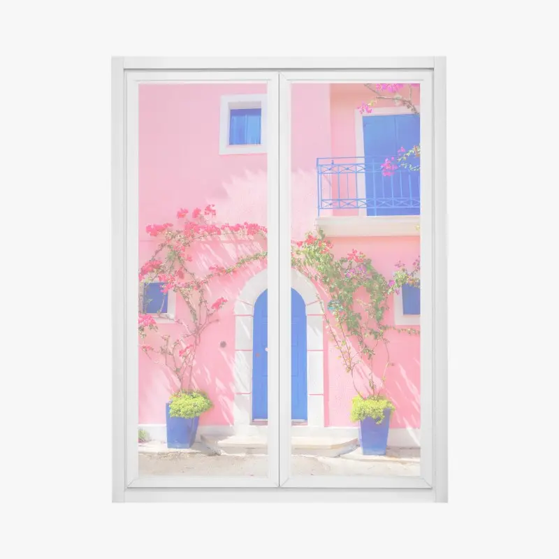 Fensteraufkleber leuchtende rosa fassade mit blauer tür