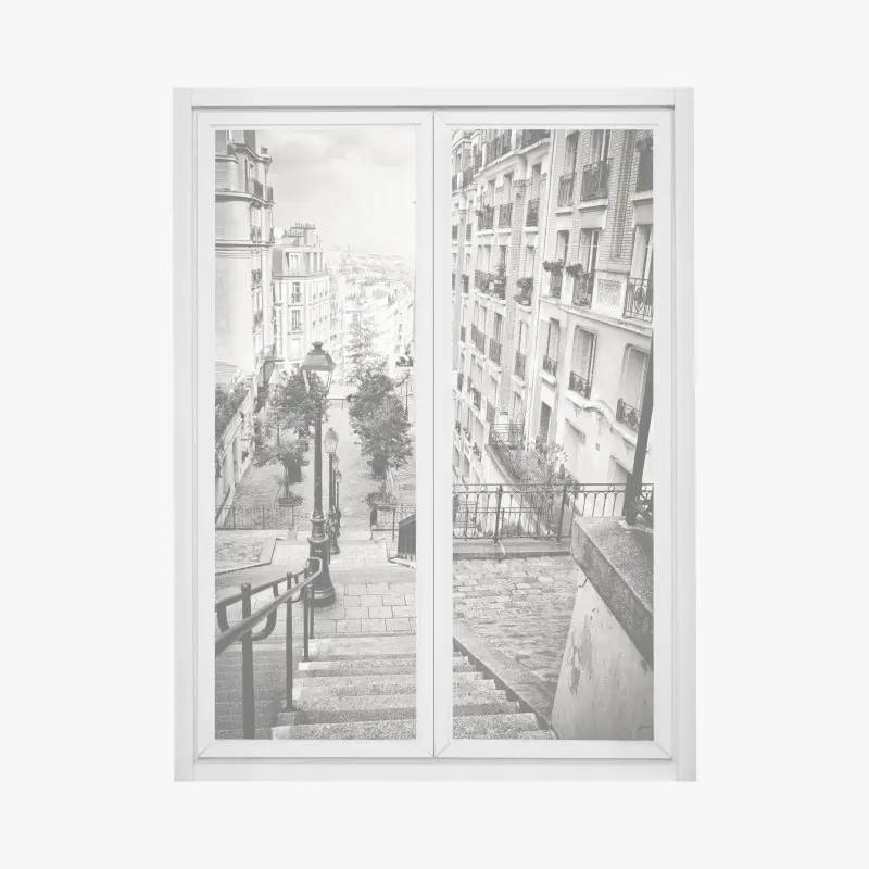 Fensteraufkleber städtische treppe in schwarzweiß