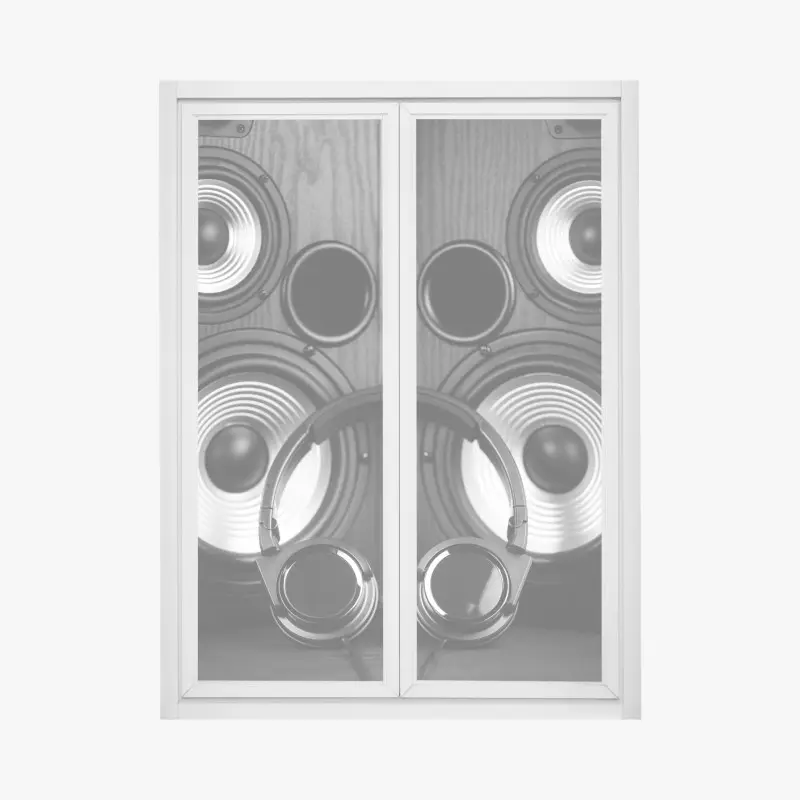 Fensteraufkleber monochromes audio-ensemble mit kopfhörern und lautsprechern