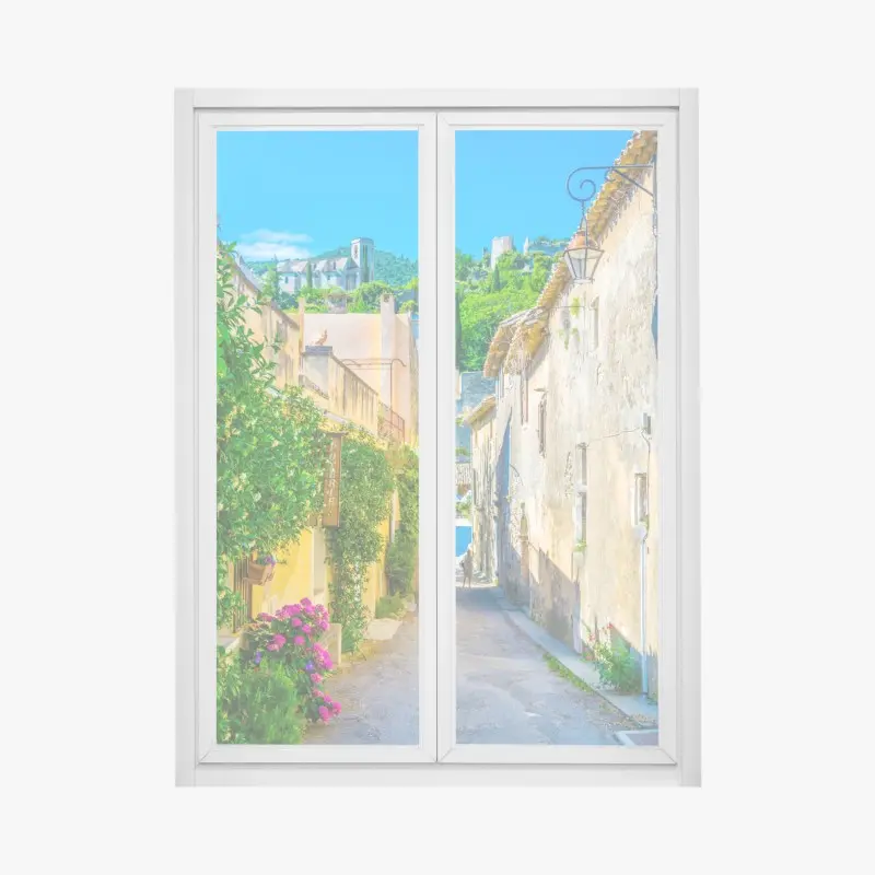Fensteraufkleber sonnenbeschienene gasse in einem mediterranen dorf