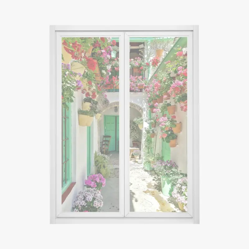 Fensteraufkleber sonniger innenhof mit blumen und grünen türen