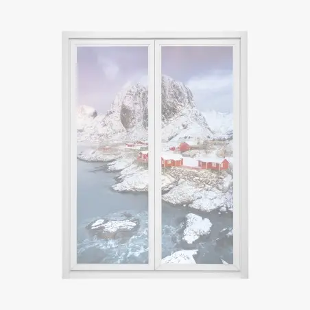 Fensteraufkleber rote küstenhäuser vor schneebedecktem berg – Pixers®