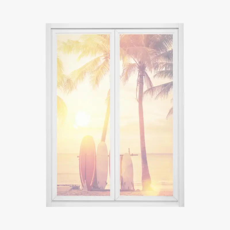 Fensteraufkleber tropischer sonnenuntergang mit surfboards