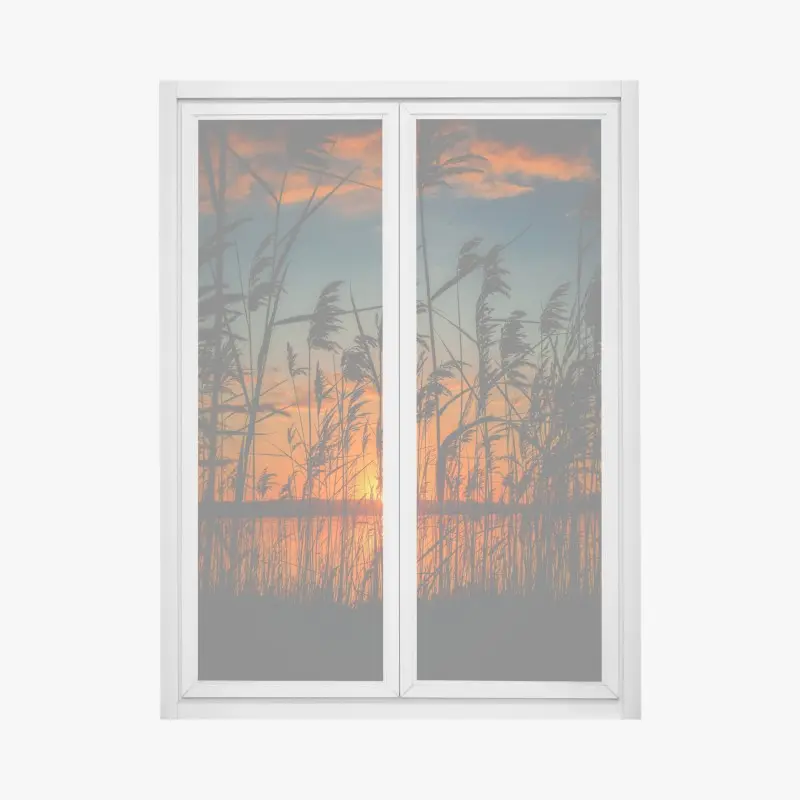 Fensteraufkleber sonnenuntergang am see mit schilf-silhouette