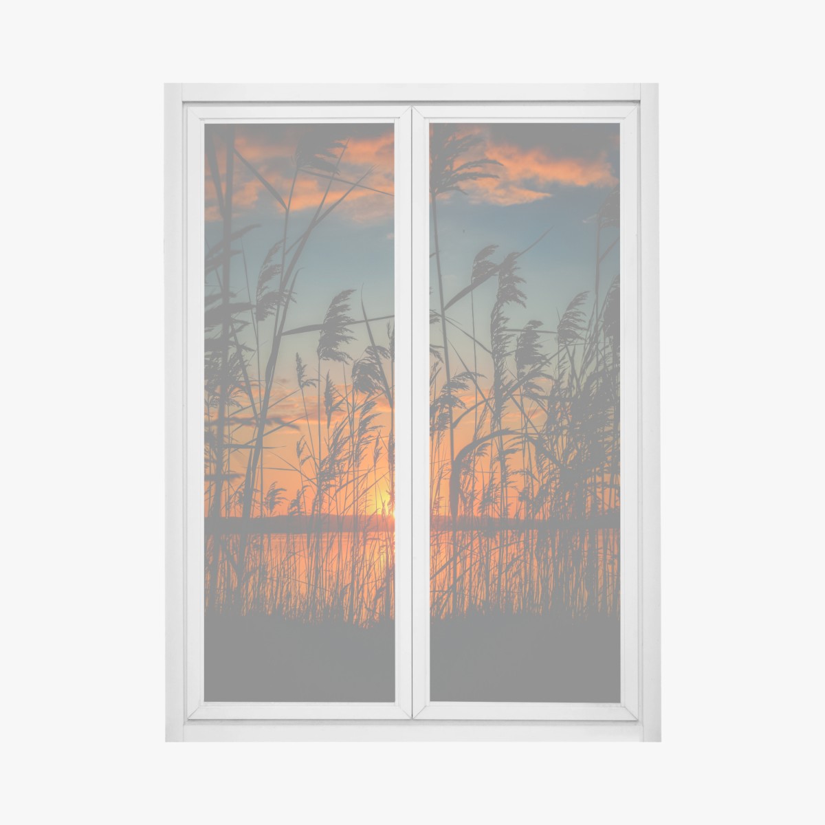 Fensteraufkleber sonnenuntergang am see mit schilf-silhouette – Pixers®
