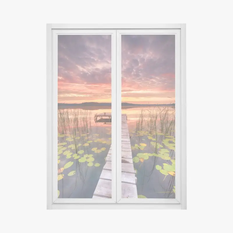 Fensteraufkleber sonnenaufgang über ruhigem see mit steg