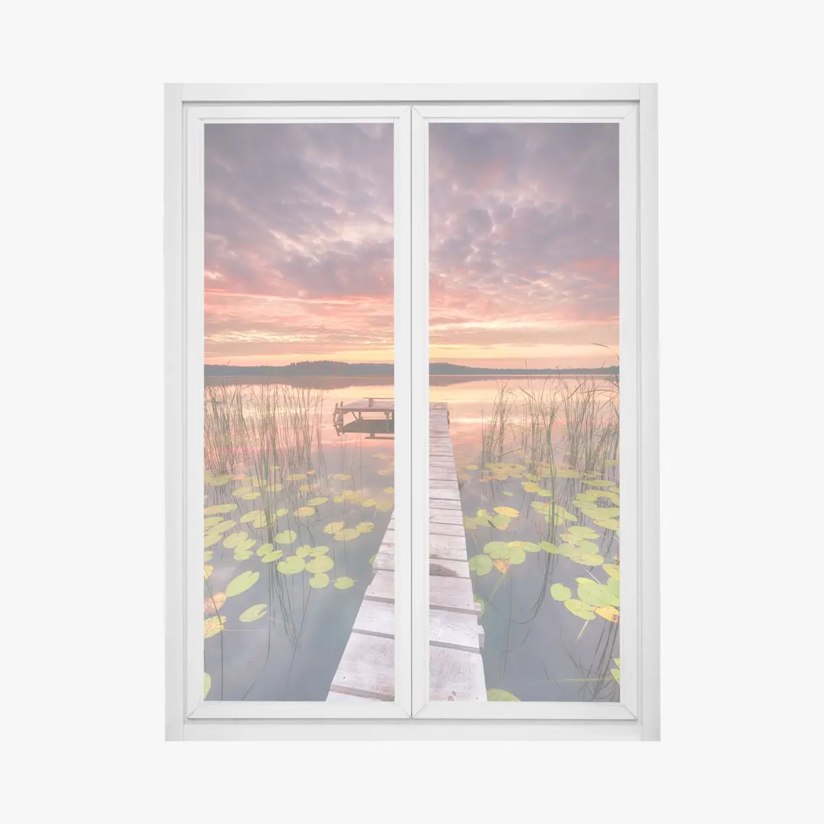 Fensteraufkleber sonnenaufgang über ruhigem see mit steg – Pixers®