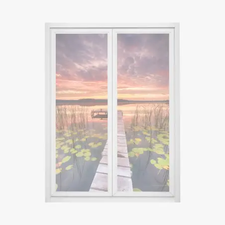 Fensteraufkleber sonnenaufgang über ruhigem see mit steg – Pixers®