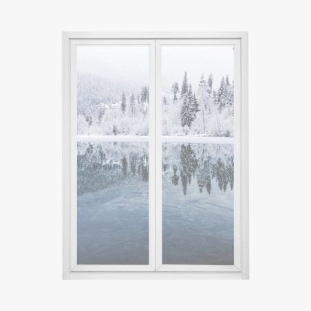 Fensteraufkleber winterlicher see mit spiegelung im verschneiten wald – Pixers®