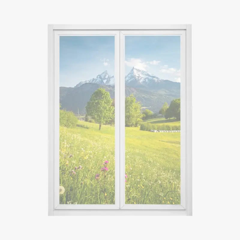 Fensteraufkleber alpine frühlingswiese unter schneebedeckten gipfeln