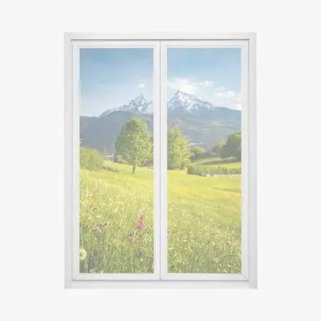 Fensteraufkleber alpine frühlingswiese unter schneebedeckten gipfeln – Pixers®