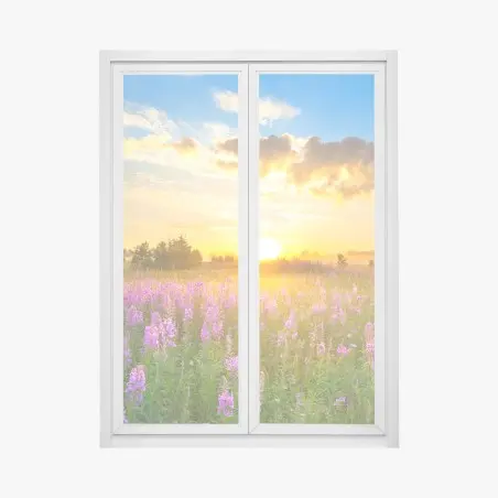 Fensteraufkleber sonnenaufgang über violetter wildblumenwiese – Pixers®