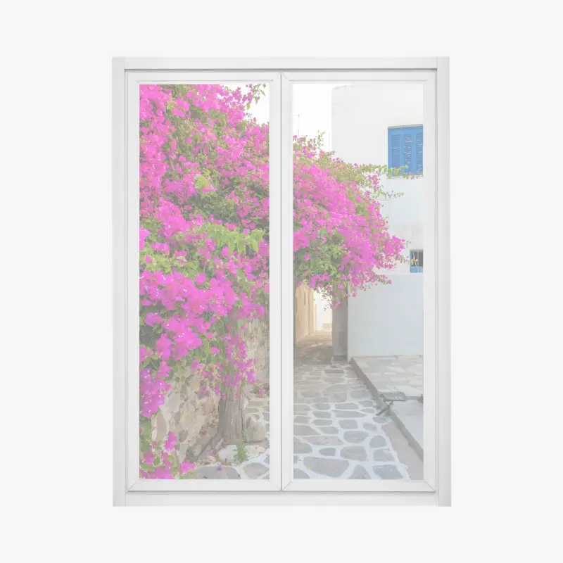 Fensteraufkleber blühende bougainvillea in Naousa gasse