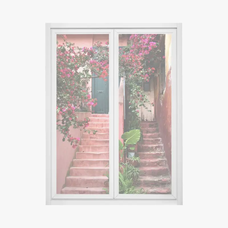 Fensteraufkleber treppe mit bougainvillea und grünen pflanzen