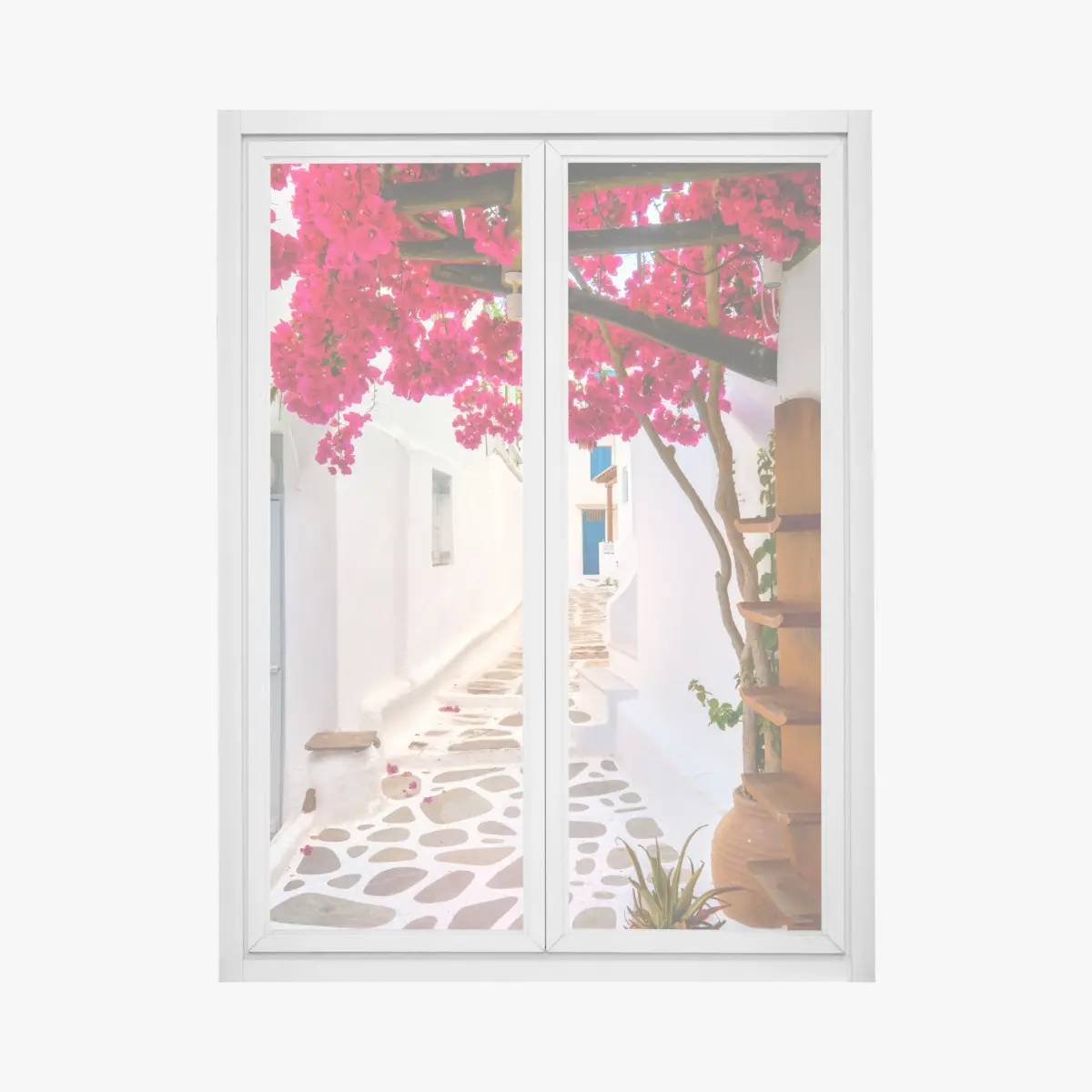 Fensteraufkleber sonnige gasse in Griechenland mit bougainvillea – Pixers®