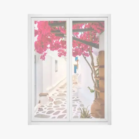 Fensteraufkleber sonnige gasse in Griechenland mit bougainvillea – Pixers®