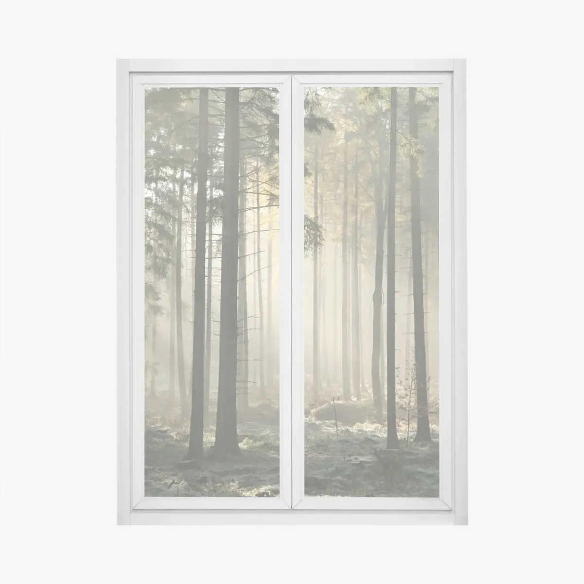 Fensteraufkleber nebliger morgenwald mit sonnenstrahlen – Pixers®