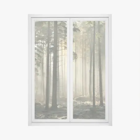 Fensteraufkleber nebliger morgenwald mit sonnenstrahlen – Pixers®