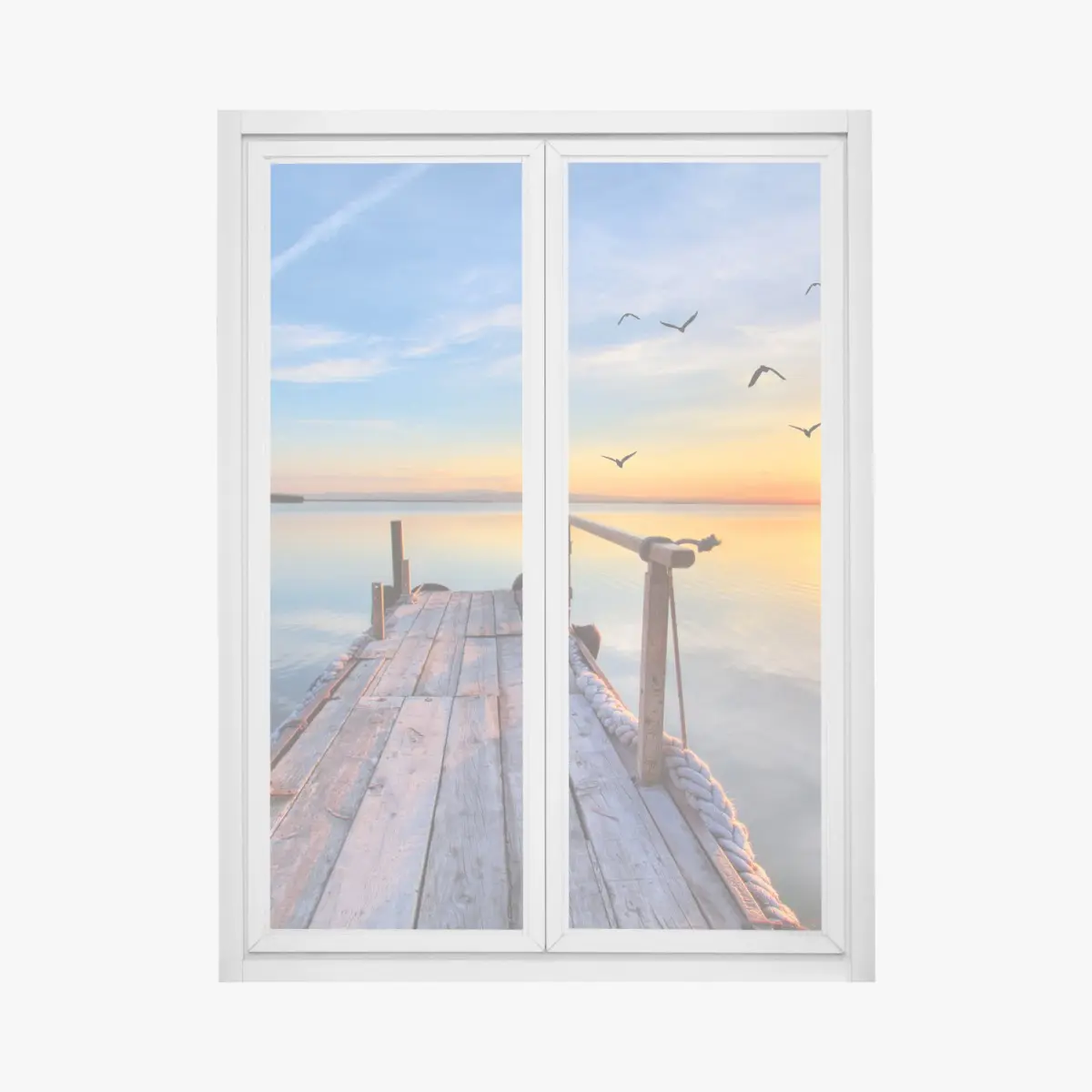 Fensteraufkleber sonnenuntergang am hölzernen steg – Pixers®