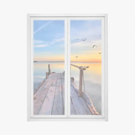 Fensteraufkleber sonnenuntergang am hölzernen steg – Pixers®