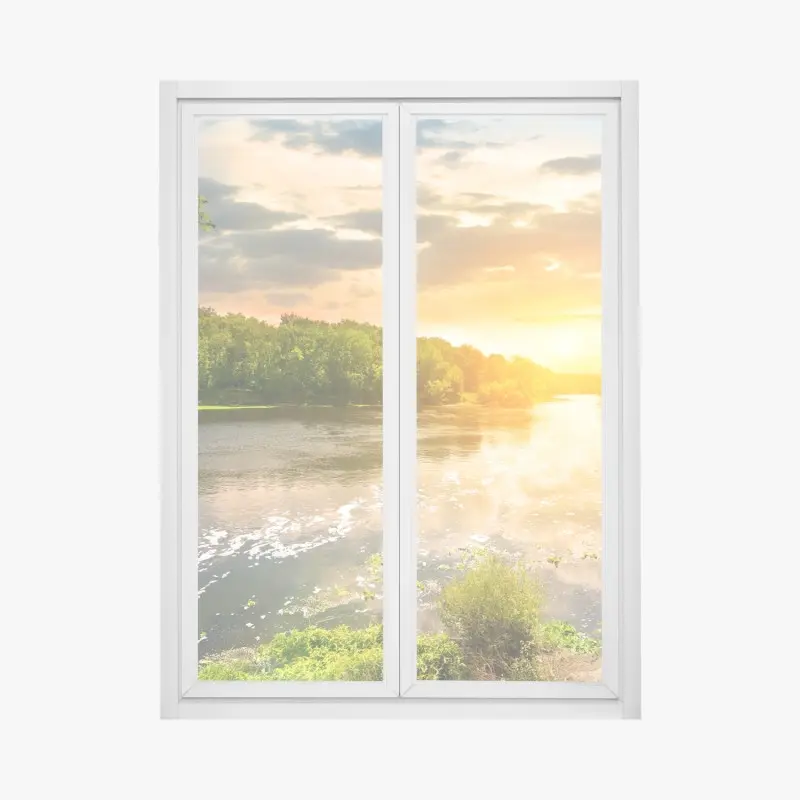 Fensteraufkleber ruhiger sonnenuntergang am fluss im grünen wald