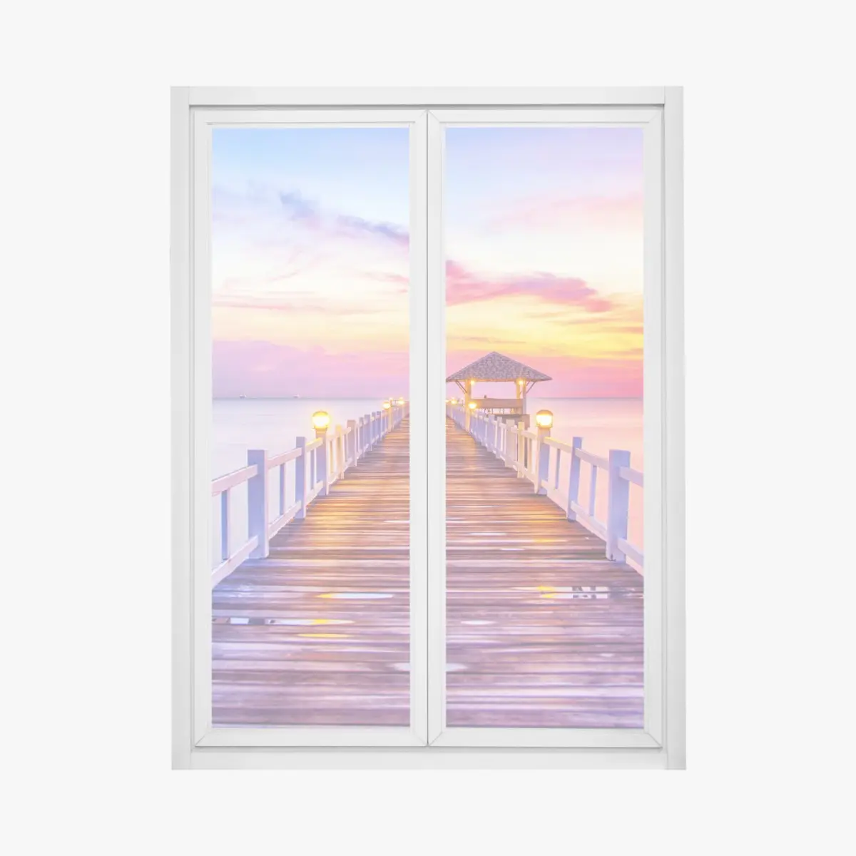 Fensteraufkleber sonnenuntergang am steg zum ruhigen horizont – Pixers®