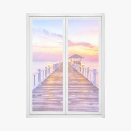 Fensteraufkleber sonnenuntergang am steg zum ruhigen horizont – Pixers®