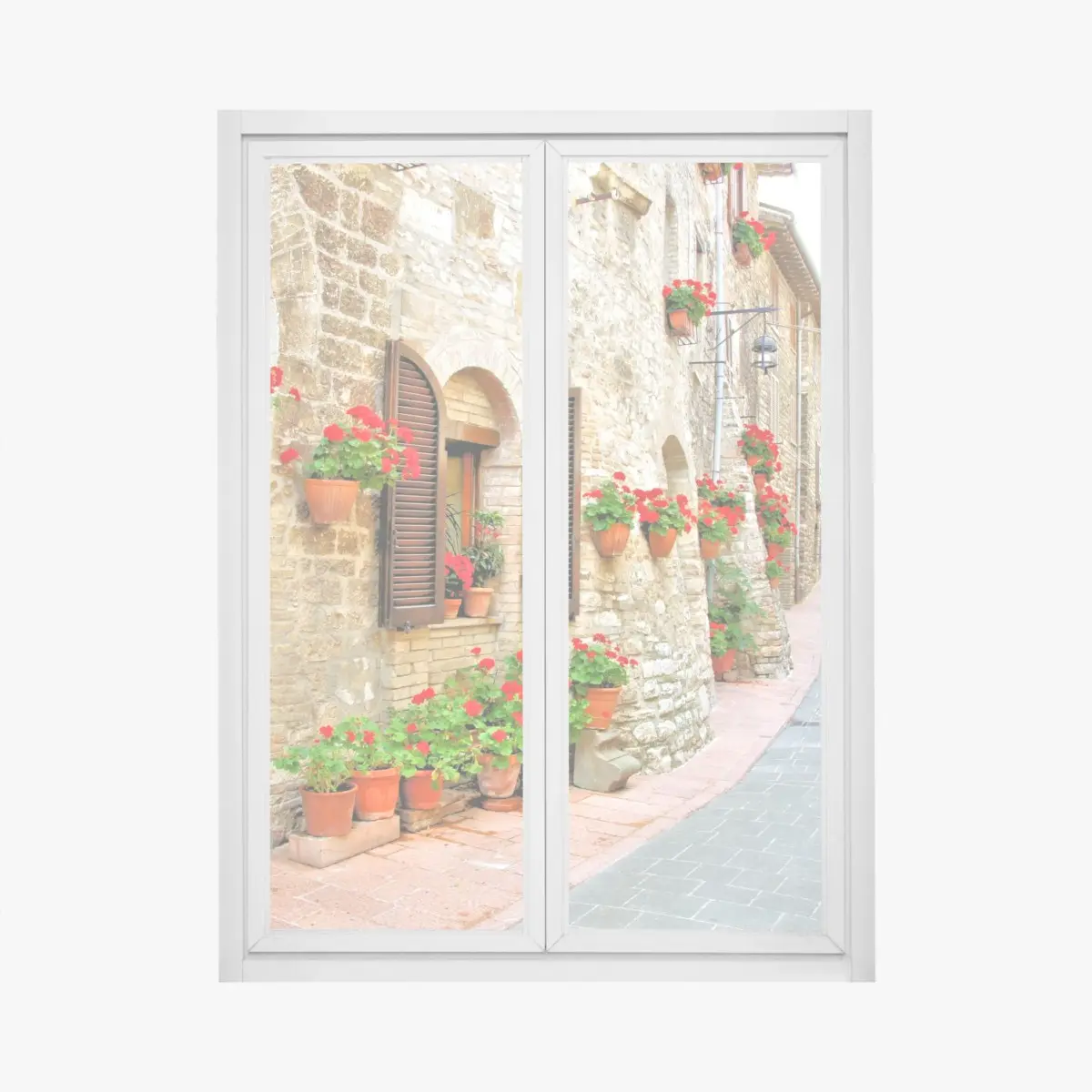 Fensteraufkleber sonnige steingasse mit roten geranien – Pixers®