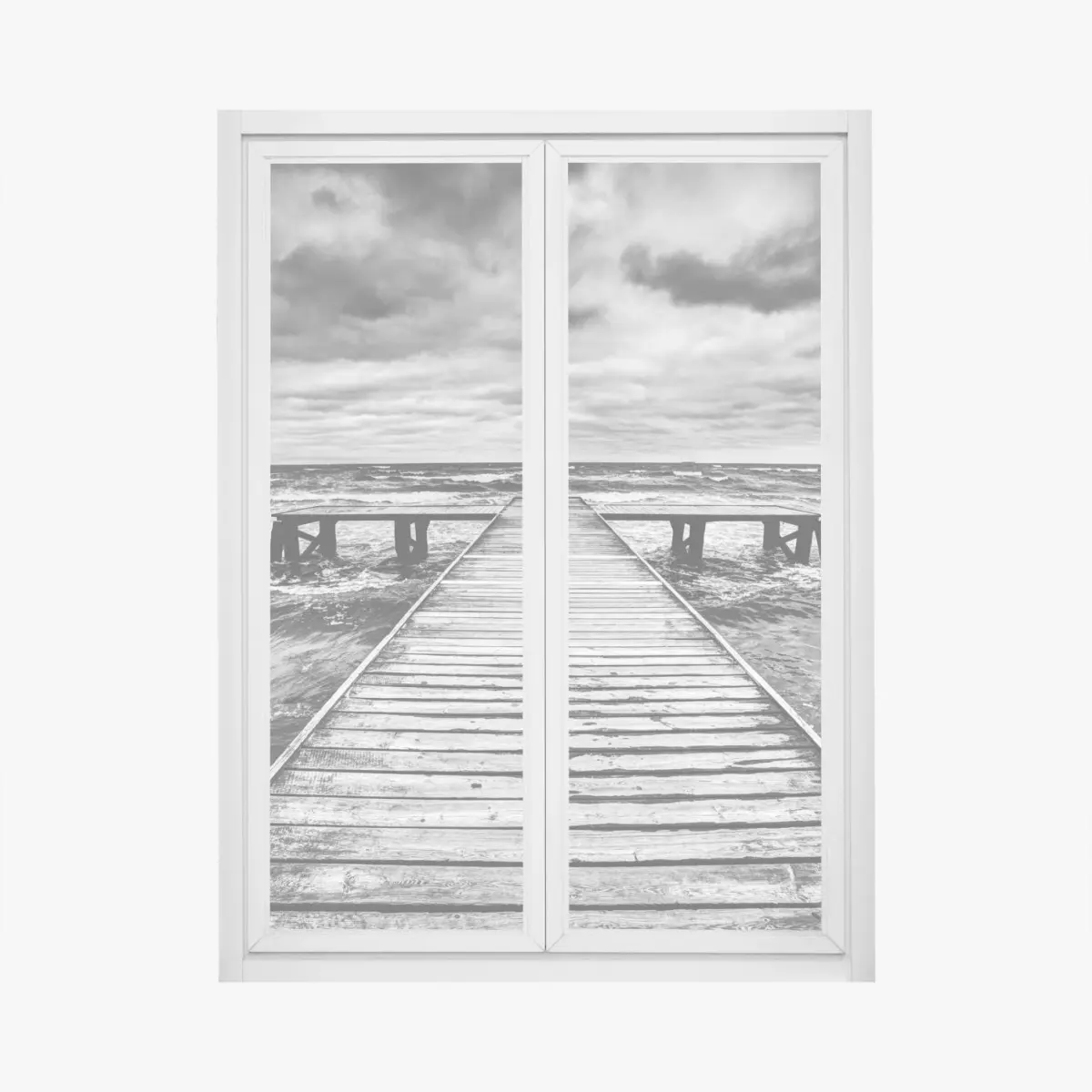 Fensteraufkleber dramatischer schwarzweiß-steg in stürmischer see – Pixers®