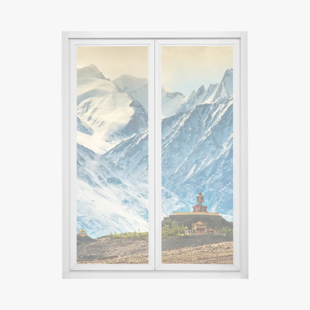 Fensteraufkleber majestätisches bergkloster vor schneebedeckten gipfeln – Pixers®