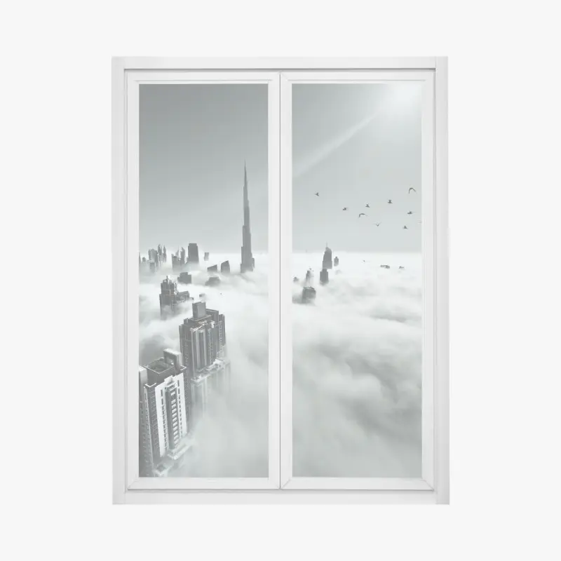 Fensteraufkleber neblige skyline von Dubai über den wolken