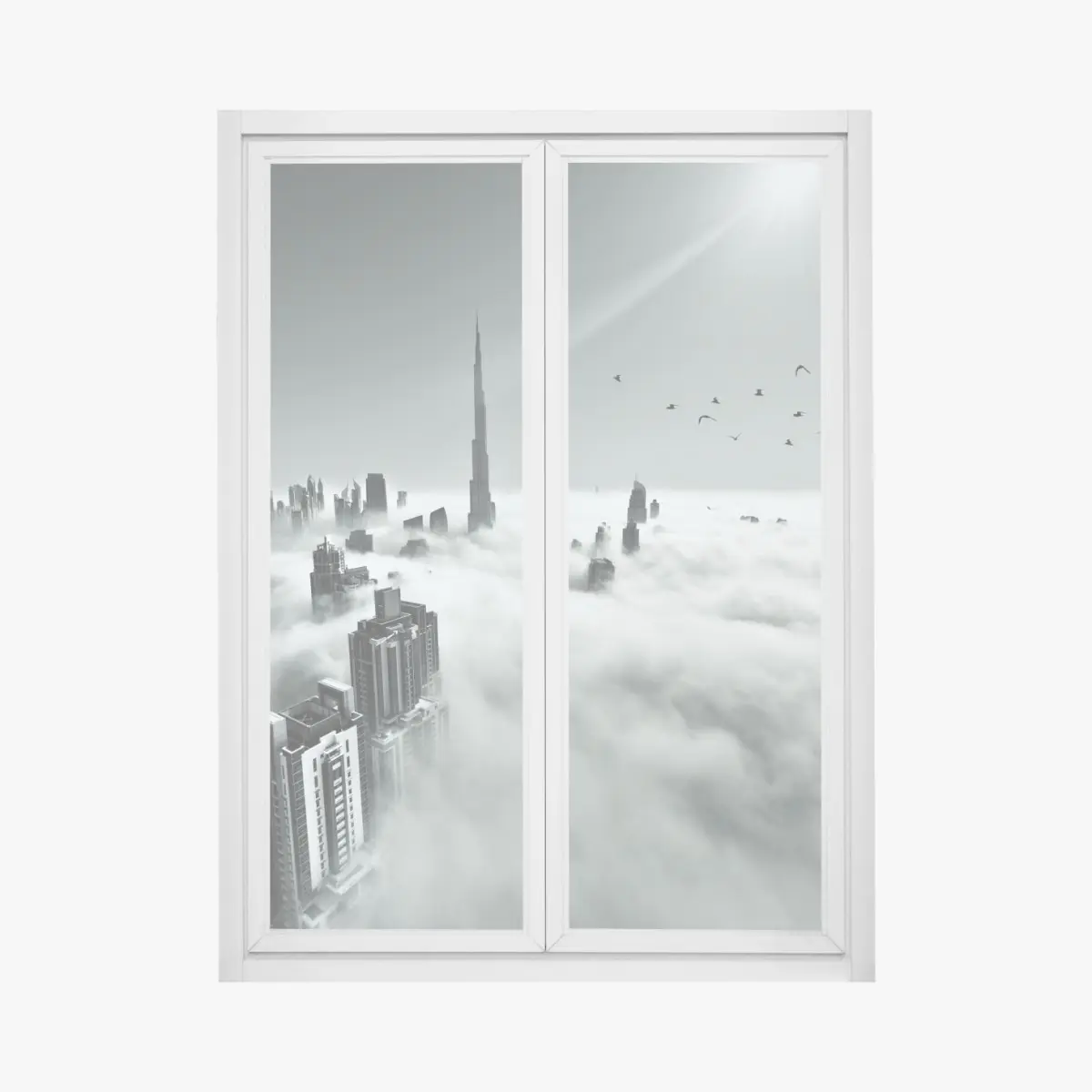 Fensteraufkleber neblige skyline von Dubai über den wolken – Pixers®