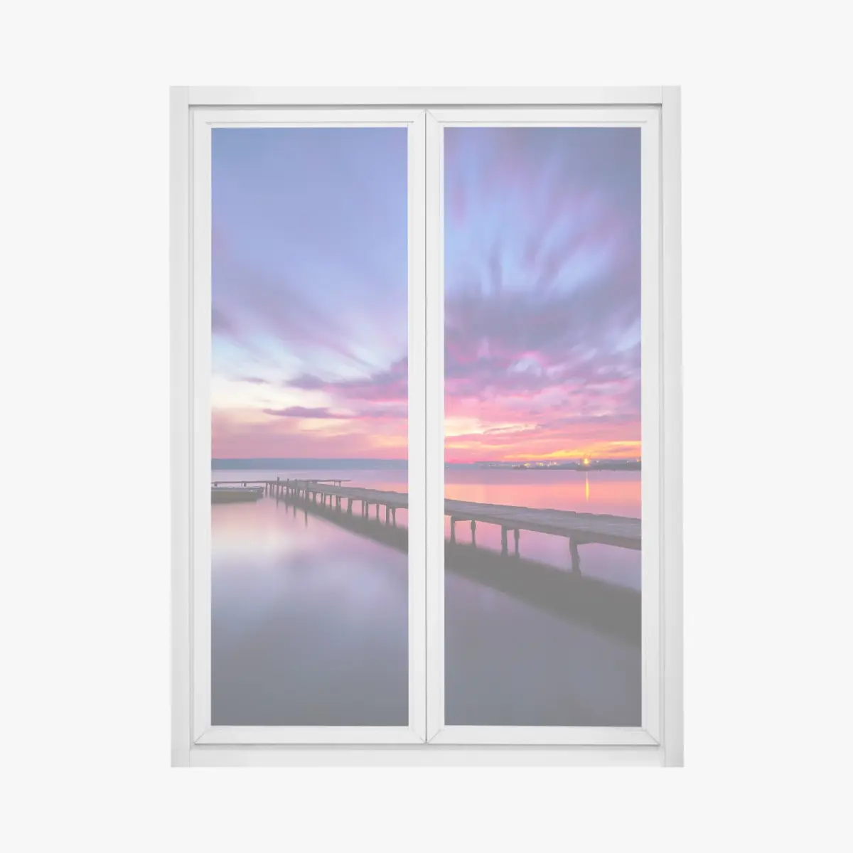 Fensteraufkleber sonnenuntergang über ruhigem see mit hölzernem steg – Pixers®