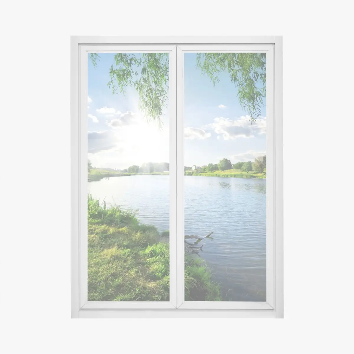 Fensteraufkleber sonnenbeschienenes flussufer mit üppigem grün – Pixers®