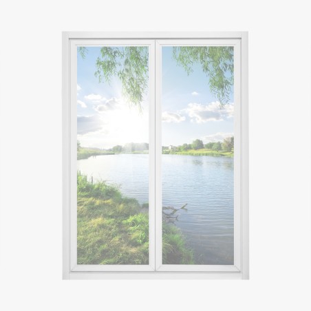 Fensteraufkleber sonnenbeschienenes flussufer mit üppigem grün – Pixers®
