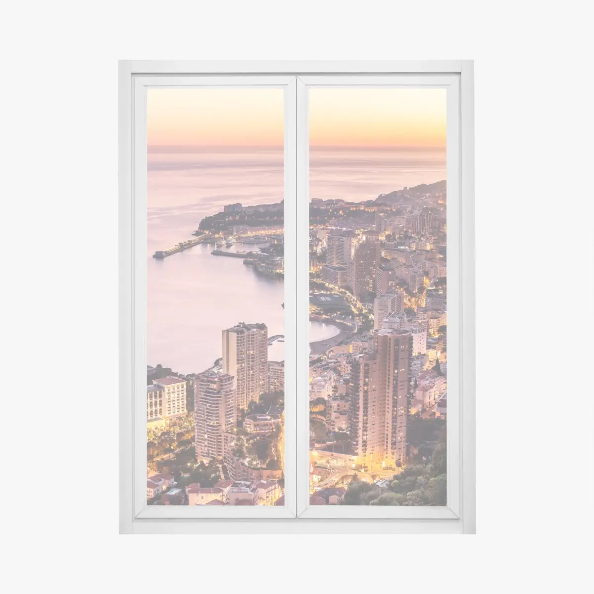 Fensteraufkleber sonnenuntergang über der städtischen küstenlinie – Pixers®