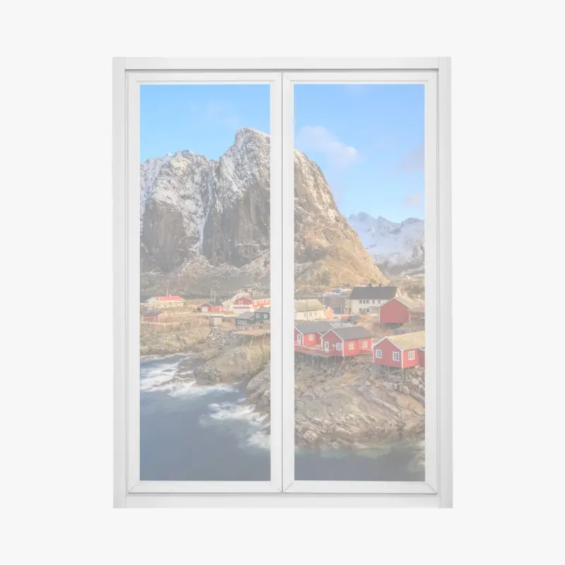 Fensteraufkleber küstendorf in Norwegen mit roten fischerhütten