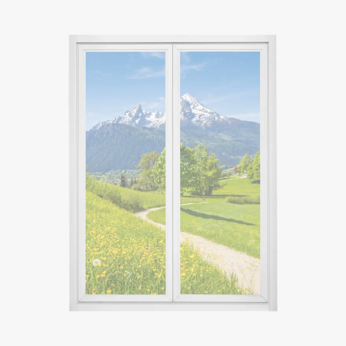 Fensteraufkleber alpine frühlingswiese mit schneebedeckten gipfeln – Pixers®