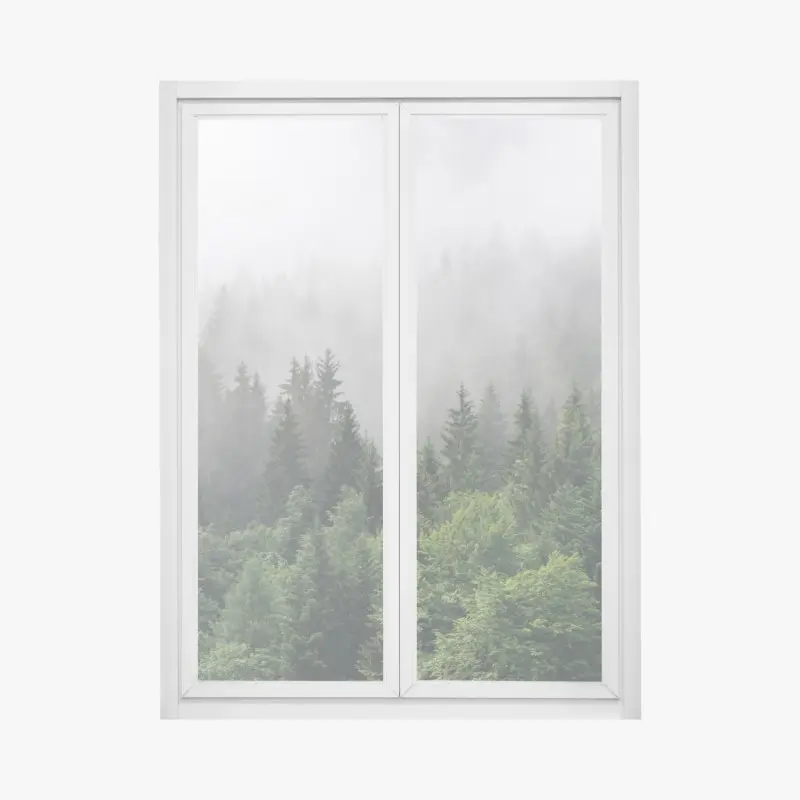 Fensteraufkleber nebliger immergrüner wald panorama