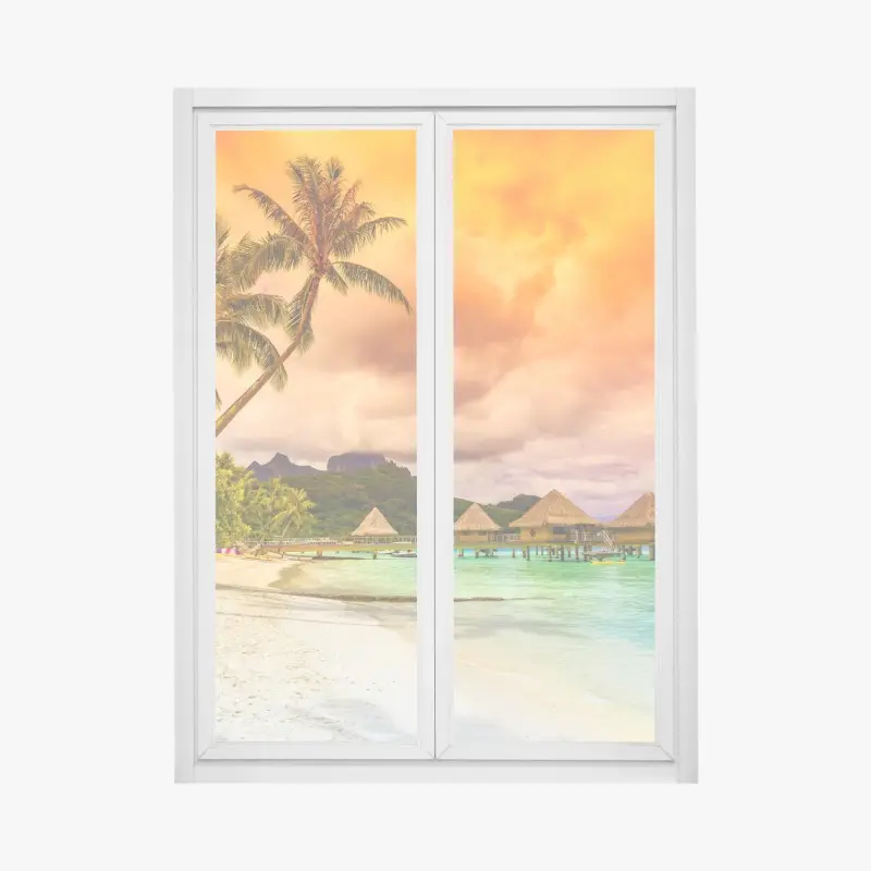 Fensteraufkleber sonnenuntergang in Bora Bora über wasserbungalows