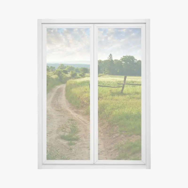 Fensteraufkleber sonniger landweg durch grüne wiesen
