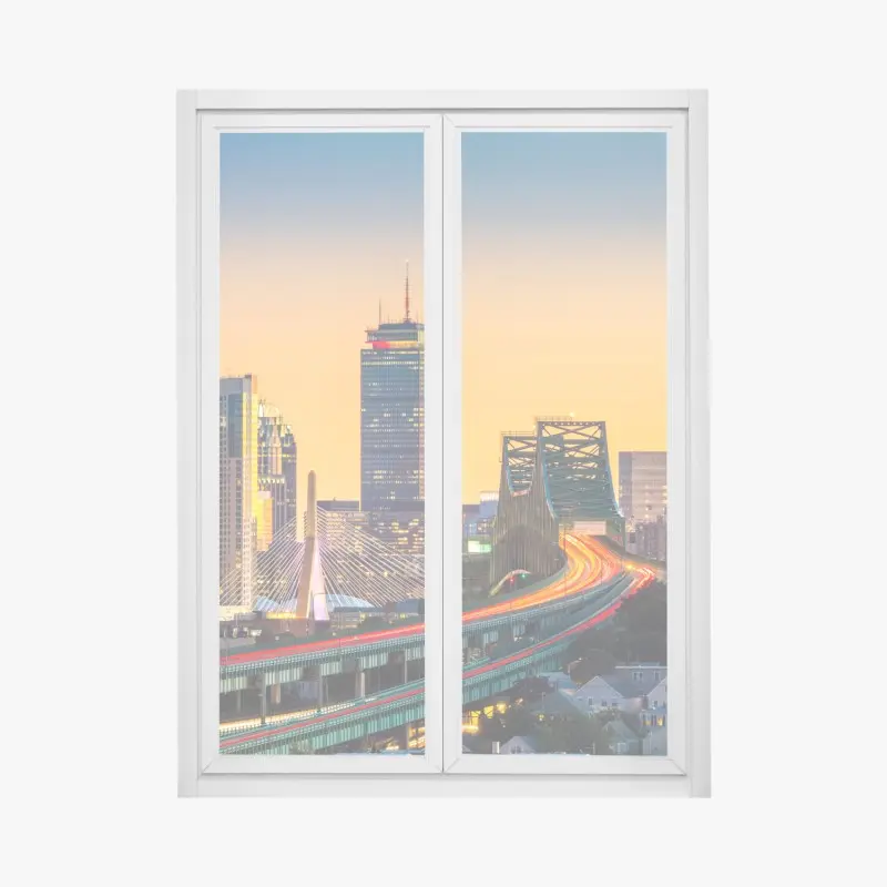 Fensteraufkleber panorama von Boston bei sonnenuntergang mit Zakim und Tobin brücken