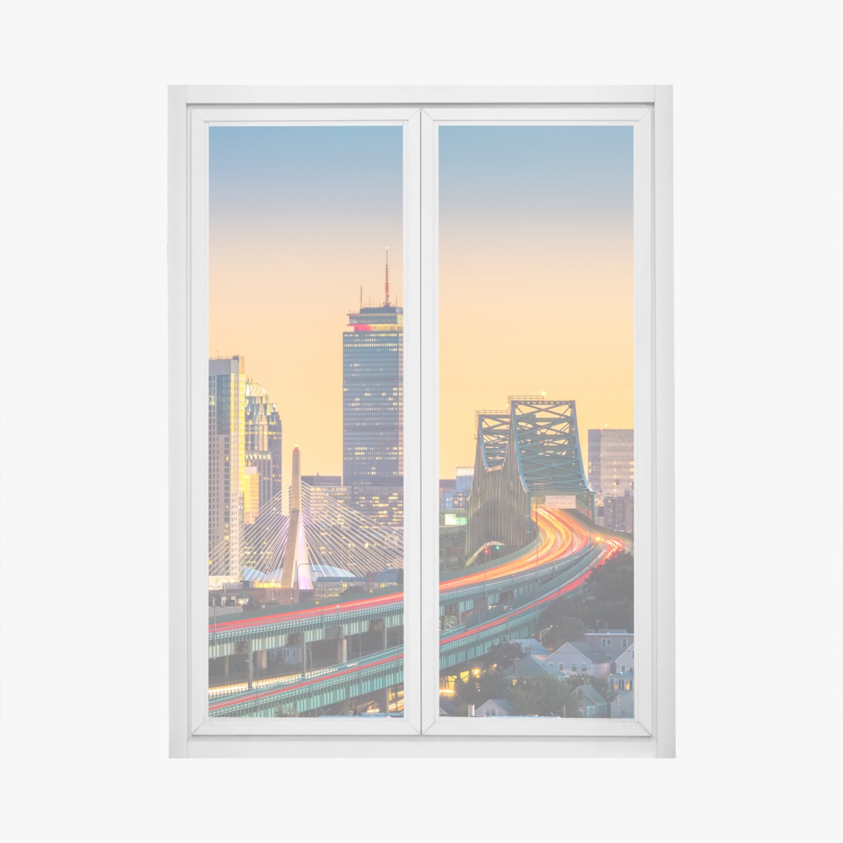 Fensteraufkleber panorama von Boston bei sonnenuntergang mit Zakim und Tobin brücken – Pixers®