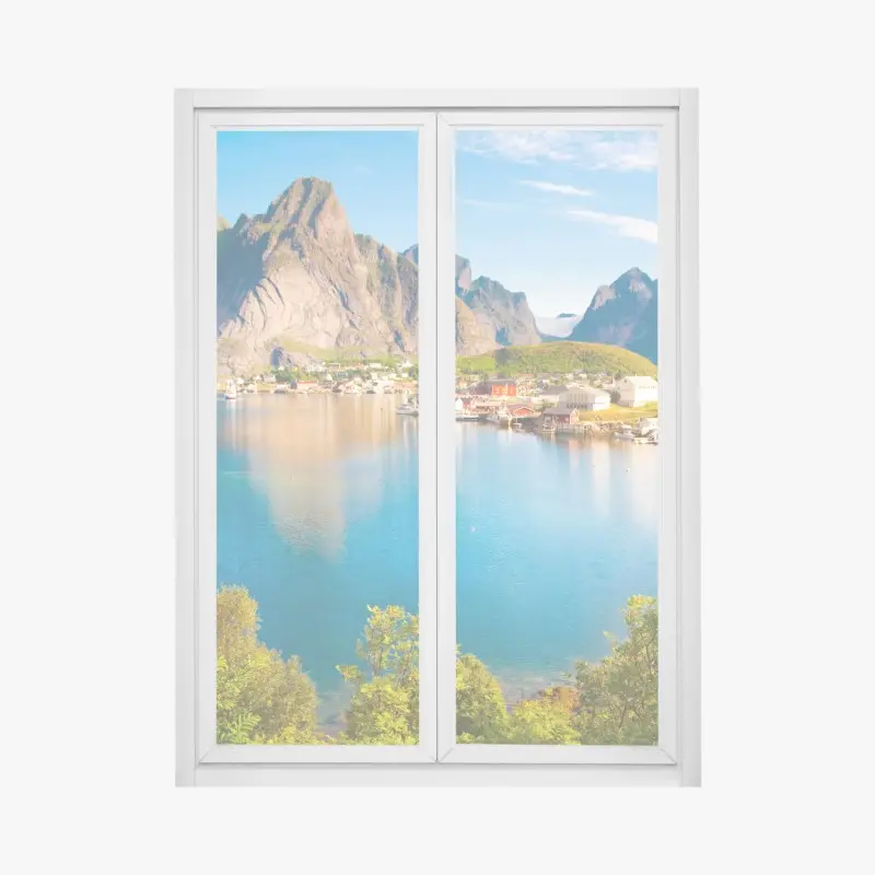 Fensteraufkleber ruhiges fjorddorf mit bergen und spiegelungen