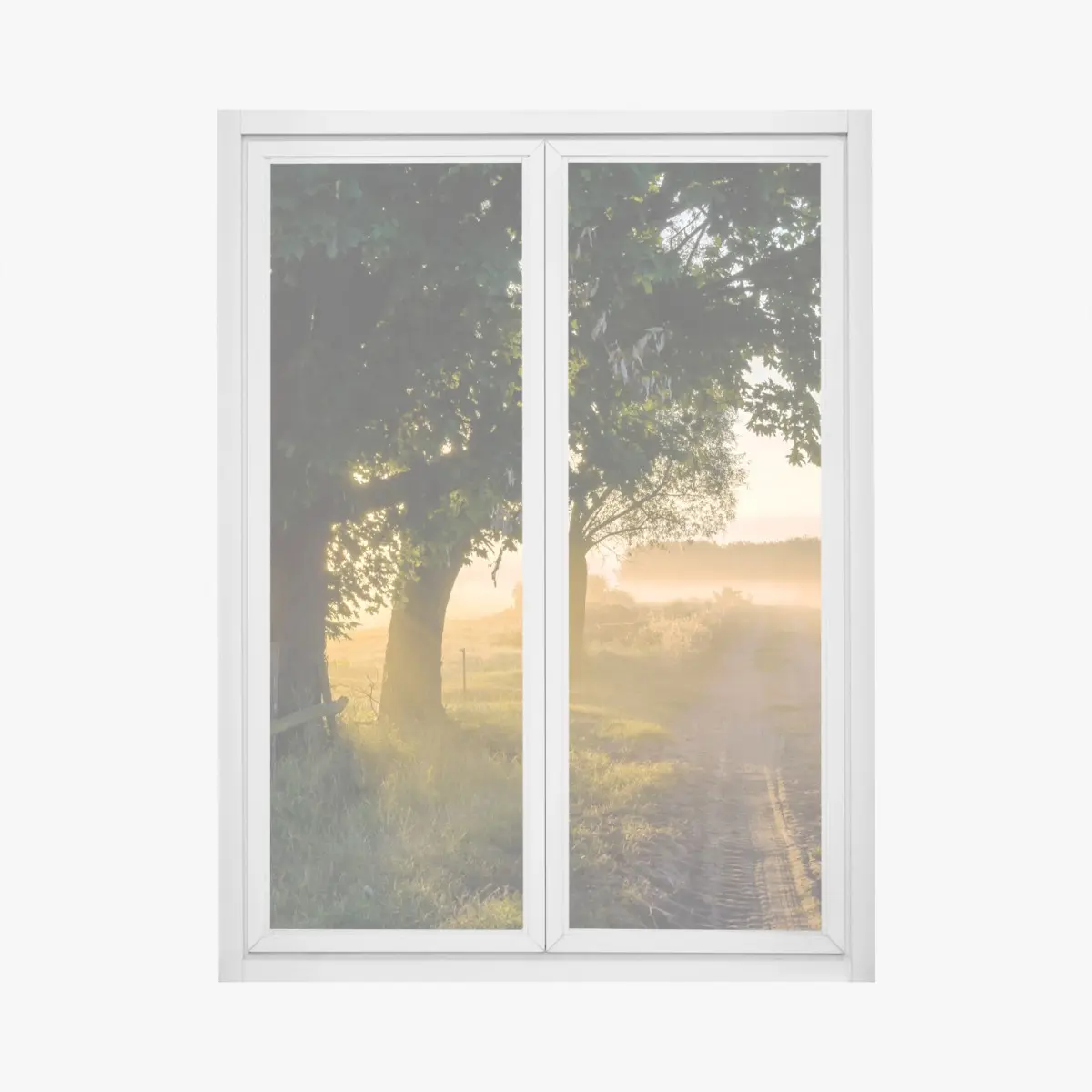 Fensteraufkleber sonnenbeschienener landweg im morgendunst – Pixers®